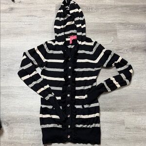 Chic Striped Black and Cream Hooded Cardigan